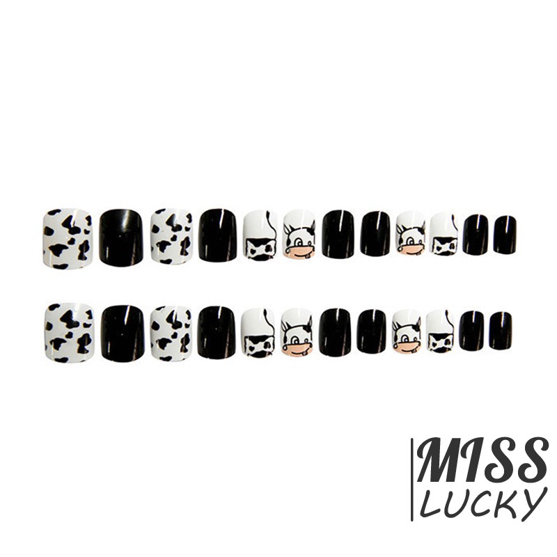 (Hàng Mới Về) Set 24 Móng Tay Giả Họa Tiết Bò Sữa Đáng Yêu