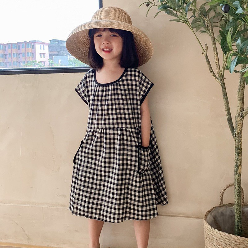 Đầm Cotton Lanh Họa Tiết Sọc Caro Phong Cách Hàn Quốc Thời Trang Mùa Hè Dành Cho Bé Gái
