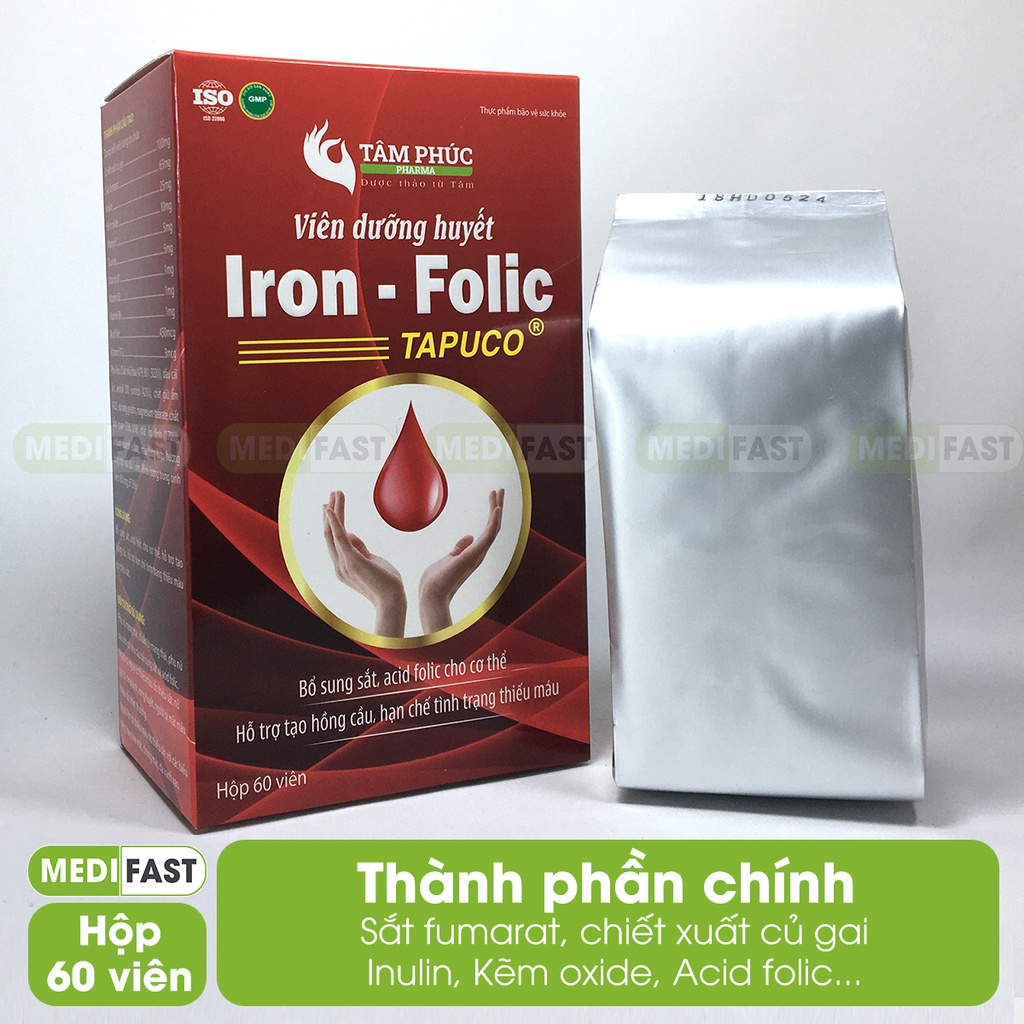 Bổ sung Sắt, ngăn ngừa thiếu máu, viên dưỡng huyết Iron Folic - hộp 60 viên có thêm củ gai và nhóm vitamin B