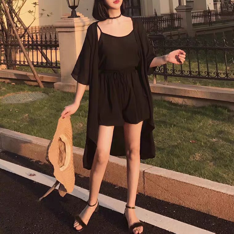 SET KHOÁC 3IN1: ÁO KHOÁC KIMONO ĐEN + QUẦN ĐÙI + ÁO DÂY HOT - Hot 2020