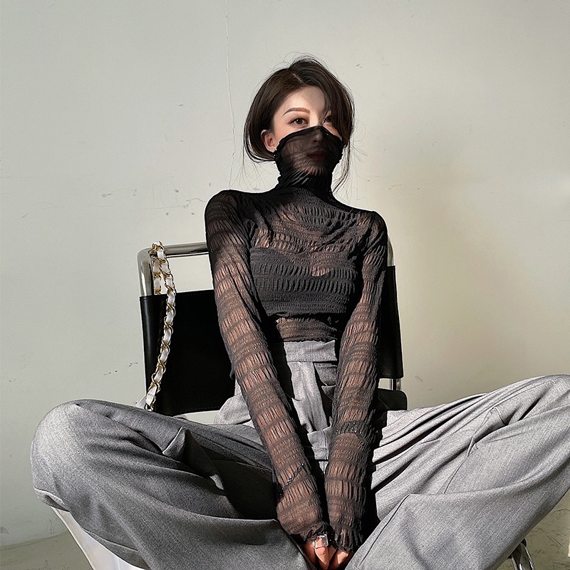 QKOOLE  Áo Lưới Mỏng Tay Dài Dáng Ôm Quyến Rũ Thời Trang Cho Nữ Kiểu Hàn Quốc