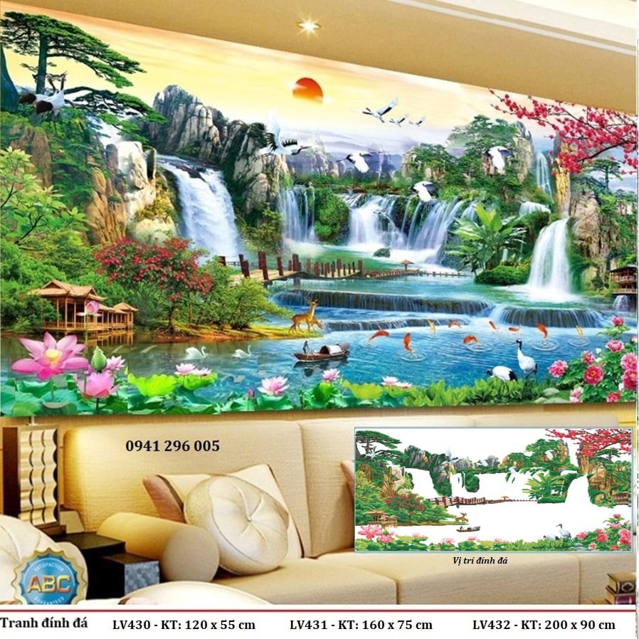 Tranh đính đá phong cảnh Lưu Thủy Sinh Tài (chưa đính đá)