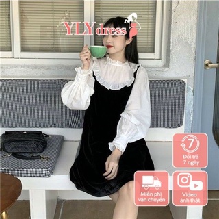 Váy đầm nữ đen phối bèo trắng Ylydress freesize form rộng dáng suông tiểu thư ulzzang hàn quốc C478