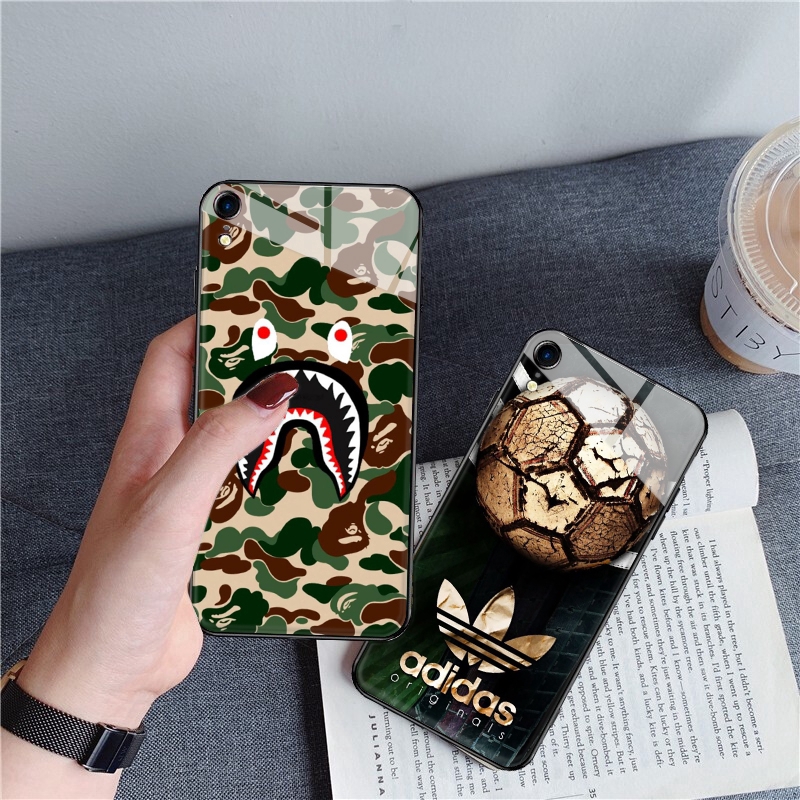 Ốp điện thoại mặt kính họa tiết Bape x Adidas cho iPhone XS Max XR X 11 Pro 7 8 6 6S Plus