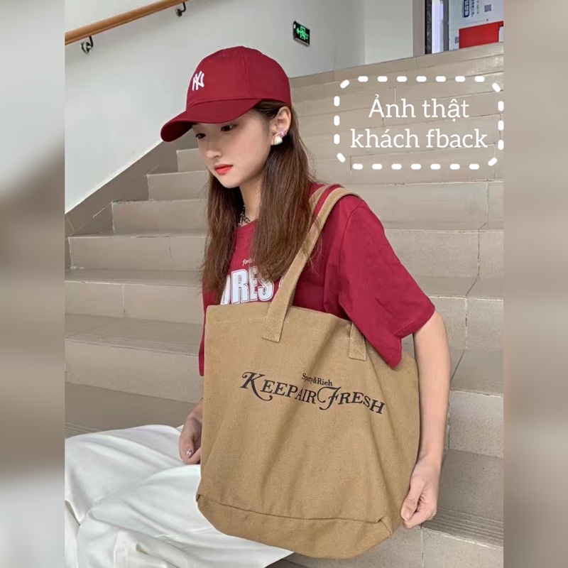 Túi Tote vải canvas màu Nâu nam nữ unisex, Túi đeo vai in chữ KEEP AIR FRESH phong cách Ulzzang