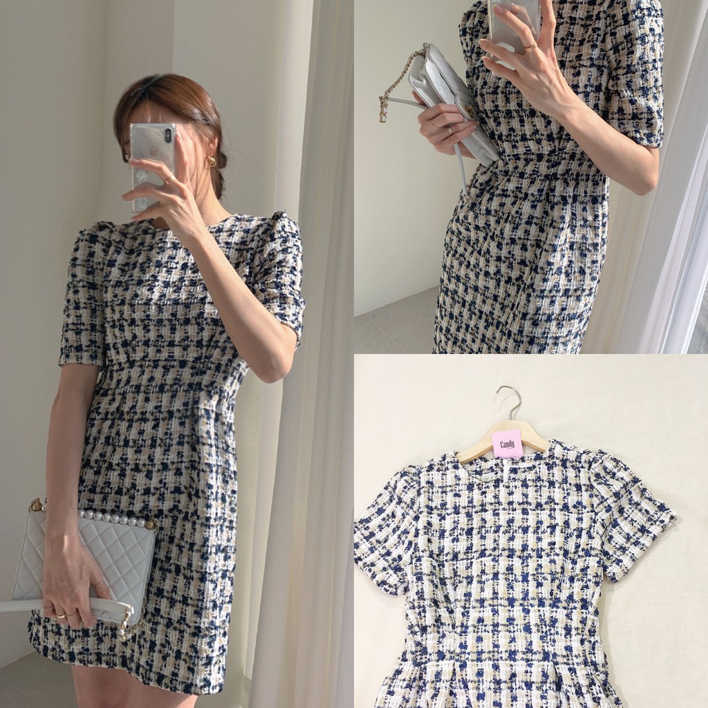 Đầm tweed tay ngắn thắt eo