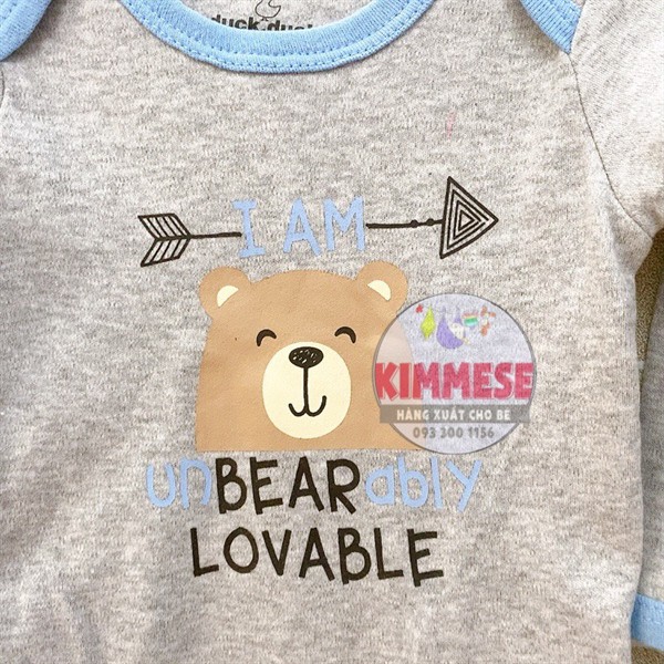 [Freeship + Hoàn xu 30k] Bodysuit Body Chip Cotton D.Duck Xám Gấu I Am Unbearably Lovable Viền Xanh Tay Dài | BigBuy360 - bigbuy360.vn