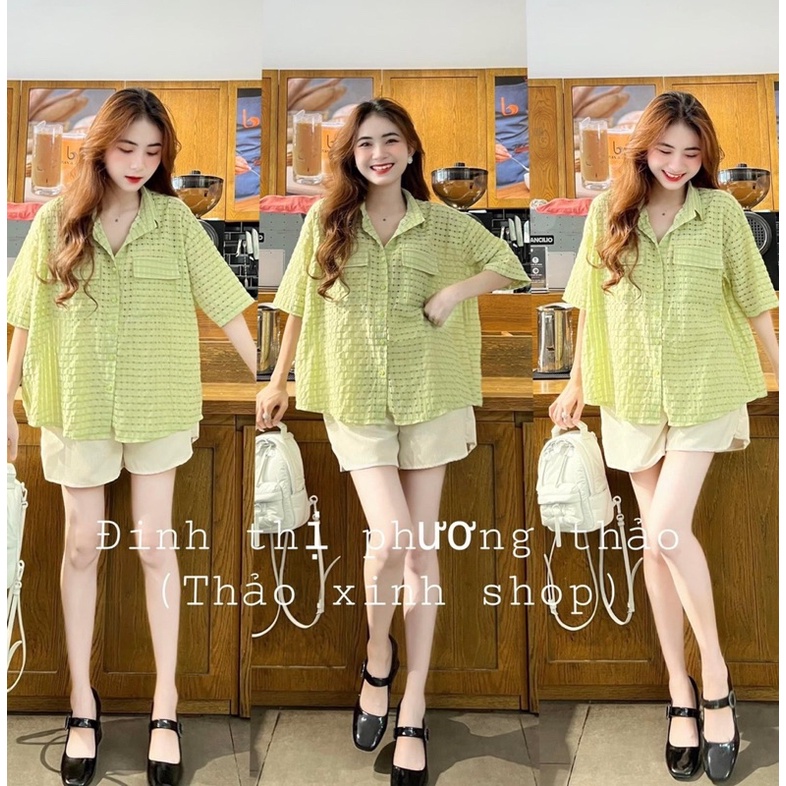 BỘ SƠ MI CARO Ô XỐP XANH CHUỐI MIX QUẦN ĐÙI KEM