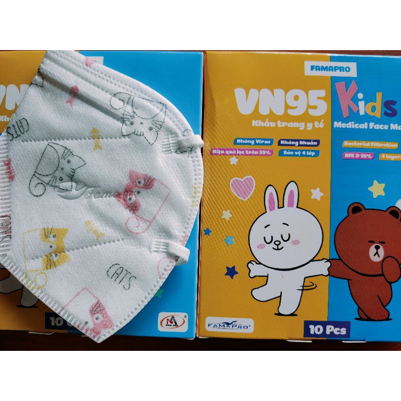 Khẩu trang VN95 KID  trẻ em Chính hãng Famapro hộp 10 cái hình dễ thương