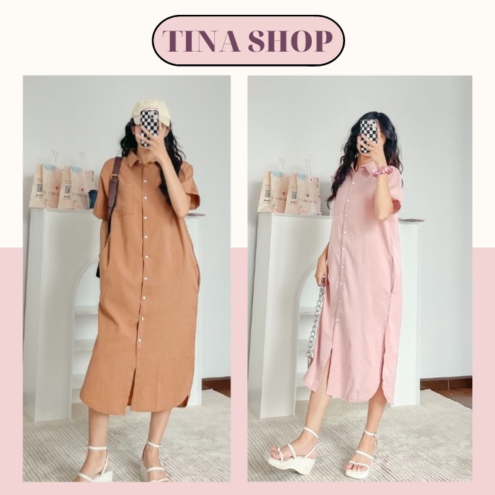 Đầm Sơ Mi Suông Dài Tay Ngắn Màu Đen, Xanh Bơ Hottrend Kiểu Váy Công Sở Phom Rộng Chất Linen Thun, Freesize