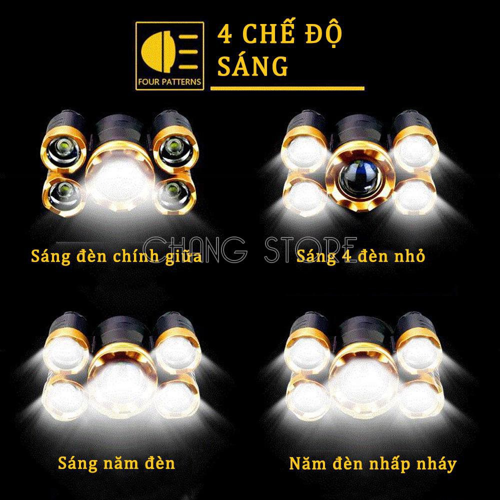 Đèn Pin Đội Đầu 5 Bóng Led T6- Siêu Sáng, Kèm 2 Pin, Kèm Sạc