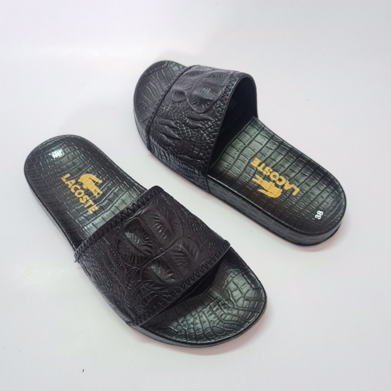 Dép Da Nam Quai Ngang 1 Bản Da Bò Thật In Dập Vân Cá Sấu Sang Trọng