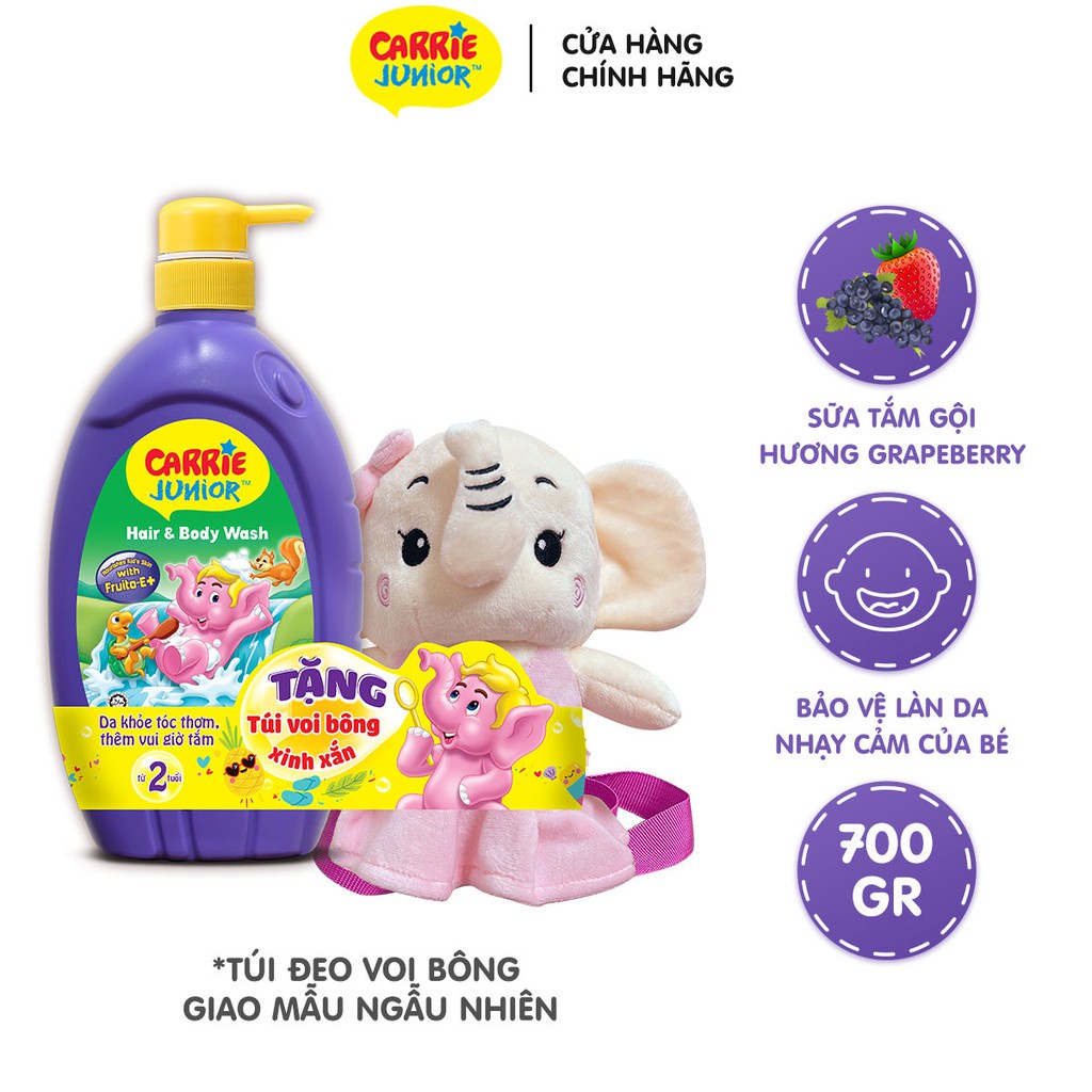 Date 2026- Tặng Voi bông- Sữa Tắm Gội Carrie Junior 700gr Hương Grapeberry / Cherry / Tinh chất sữa