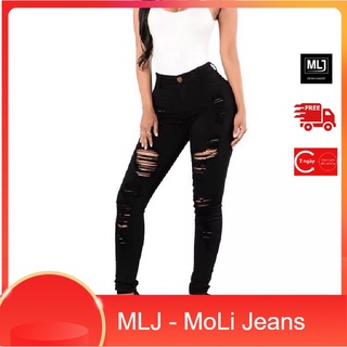 Quần jean nữ BIG SIZE dài 9 tấc rách kiểu màu đen tuyền dành cho người béo 3619