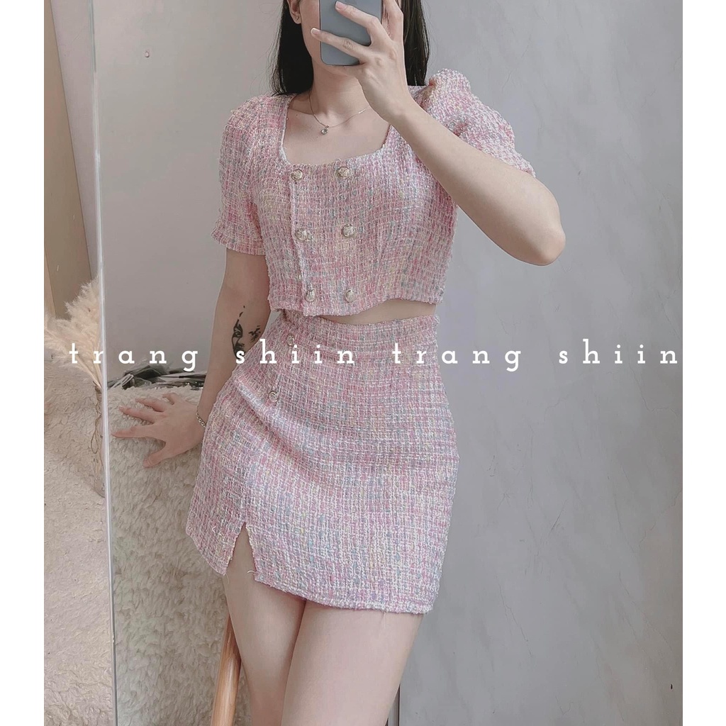 SET ÁO CROPTOP DẠ BỐ HỒNG GẮN NÚT + CHÂN VÁY BỐ XẺ