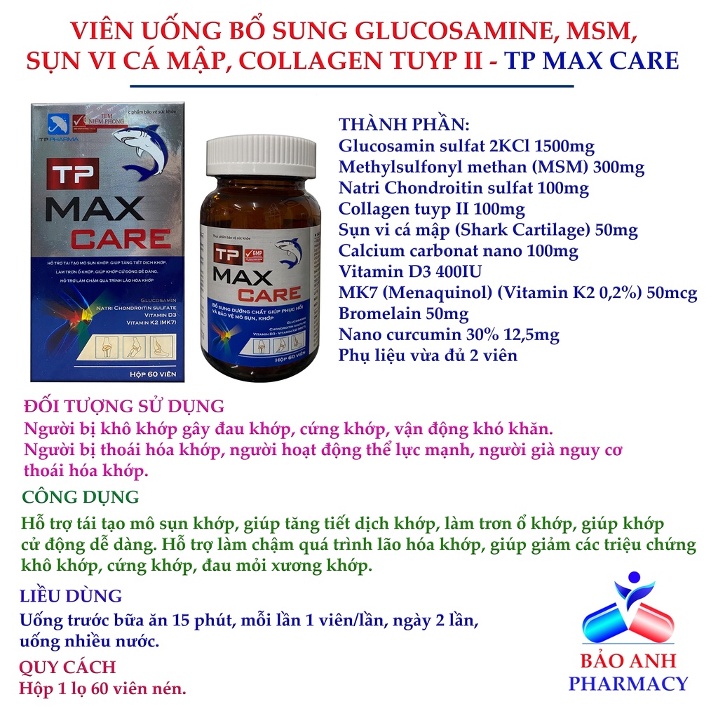 Viên bổ xương khớp glucosamine, sụn vi cá mập, canxi nano, vitamin d3 k2 giảm đau khớp, thoái hóa khớp TP MAX CARE H60v