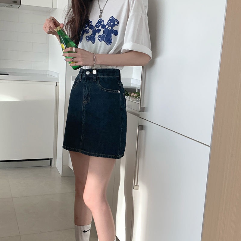 HUANG YOYO Chân váy chữ A lưng cao màu xanh lam đậm phong cách retro Hàn Quốc