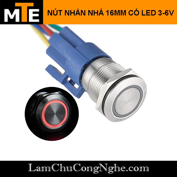 Nút nhấn nhả chống nước có led 16mm 3-6V