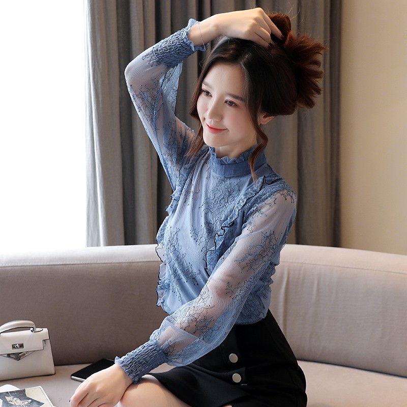 Korean Elegant Lace Ruffle Office Blouse Women Autumn Long Sleeve Stand Collar Top Blue | BigBuy360 - bigbuy360.vn