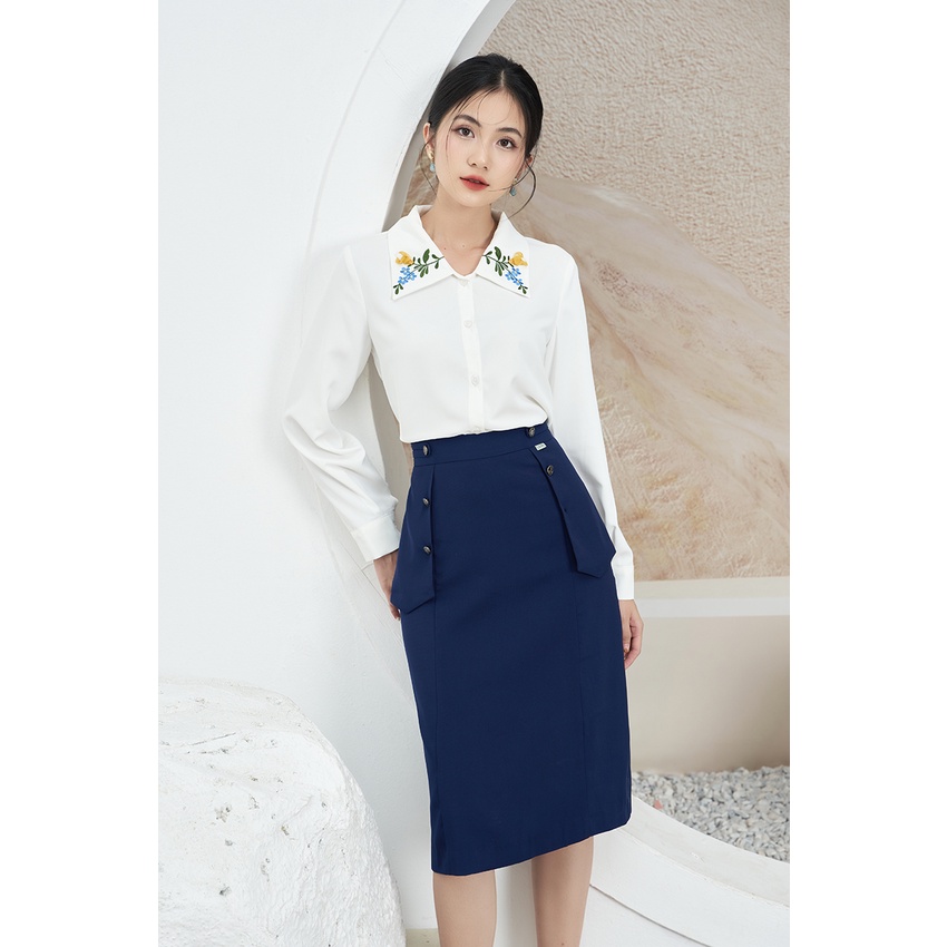 Áo sơ mi nữ thiết kế Lamia Design LA296 màu trắng kiểu Đức thêu hoa màu thủ công tinh tế