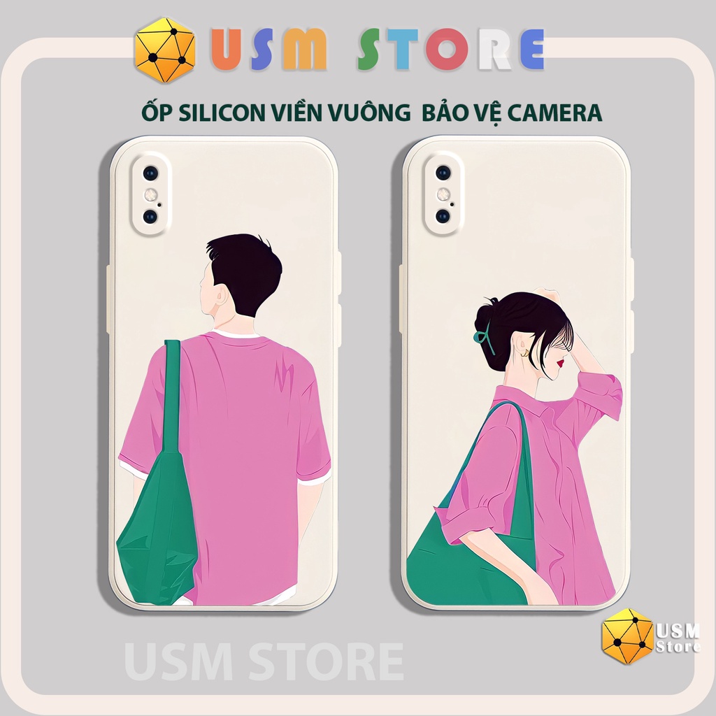 Ốp điện thoại iphone 6/6s/6plus/7/7plus/8/8plus/X/XS/XSmax/XR viền vuông có cạnh bảo vệ camera, hình cặp đôi GIRL-BOY