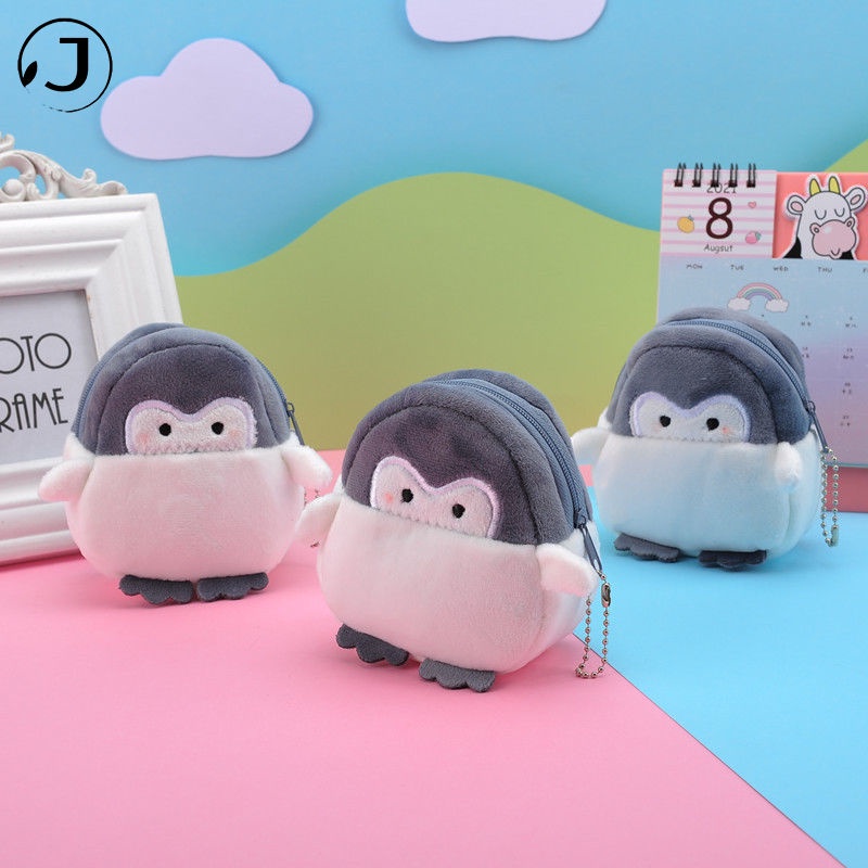 Ví đựng tiền xu/tai nghe/cáp sạc KAITIFEI hình chim cánh cụt vải lông phong cách Hàn Quốc thời trang cho nữ