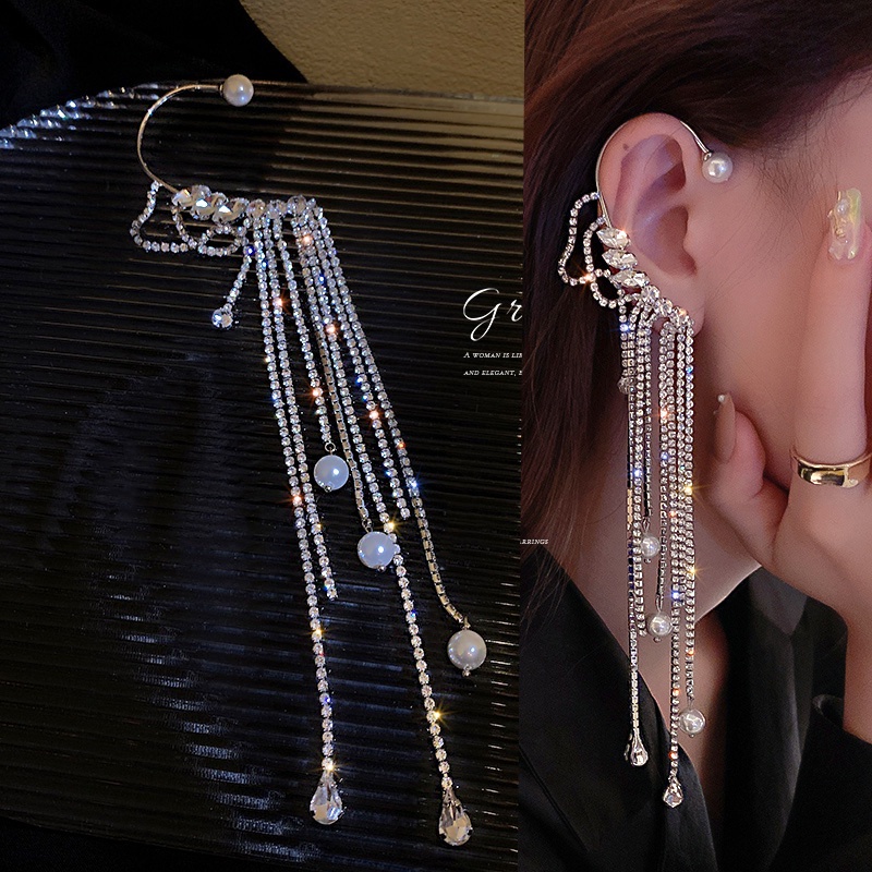 Bông Tai Dạng Kẹp Đính Pha Lê &amp; Ngọc Trai Kiểu Hình Học Phong Cách Cổ Điển Thời Trang Cho Nữ