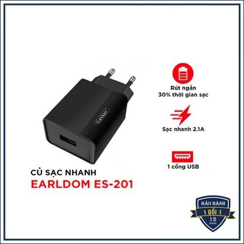 Sạc Nhanh Điện Thoại Củ Sạc Nhanh Earldom ES-201 Cổng USB 2.1A Hỗ Trợ Sạc Nhanh Hơn 30%