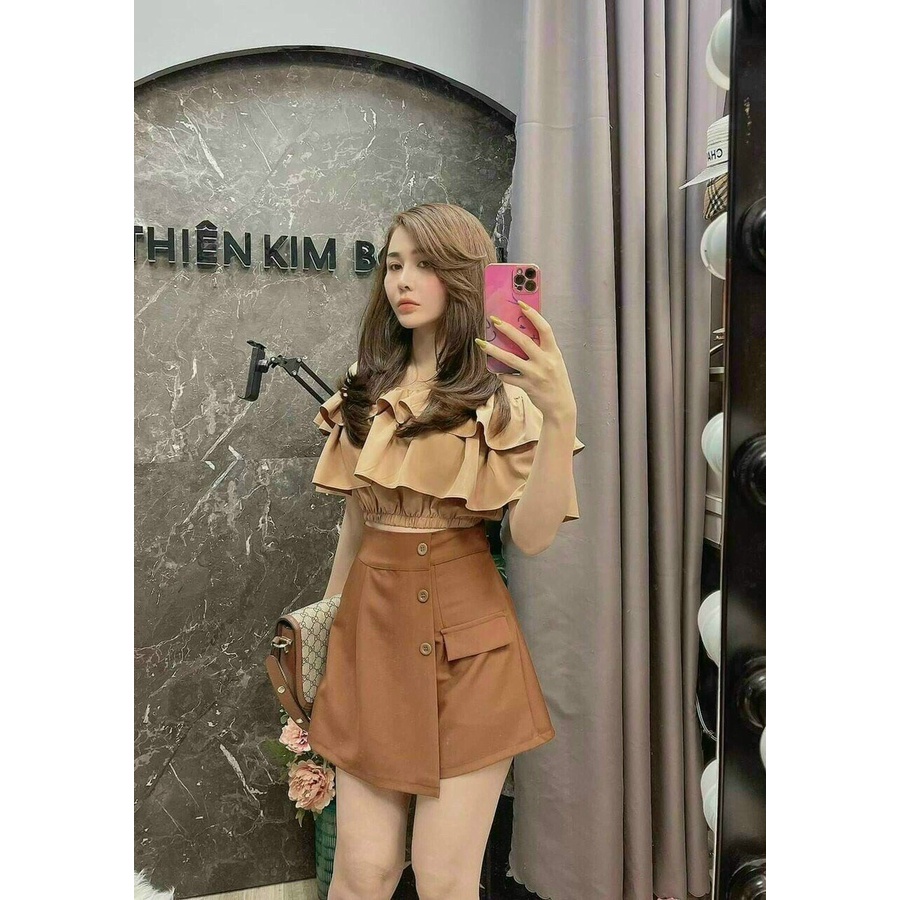 Sét bộ váy áo hở vai bánh bèo dáng croptop bo chun phối với quần giả váy siêu xinh 2 màu trắng và vàng cam