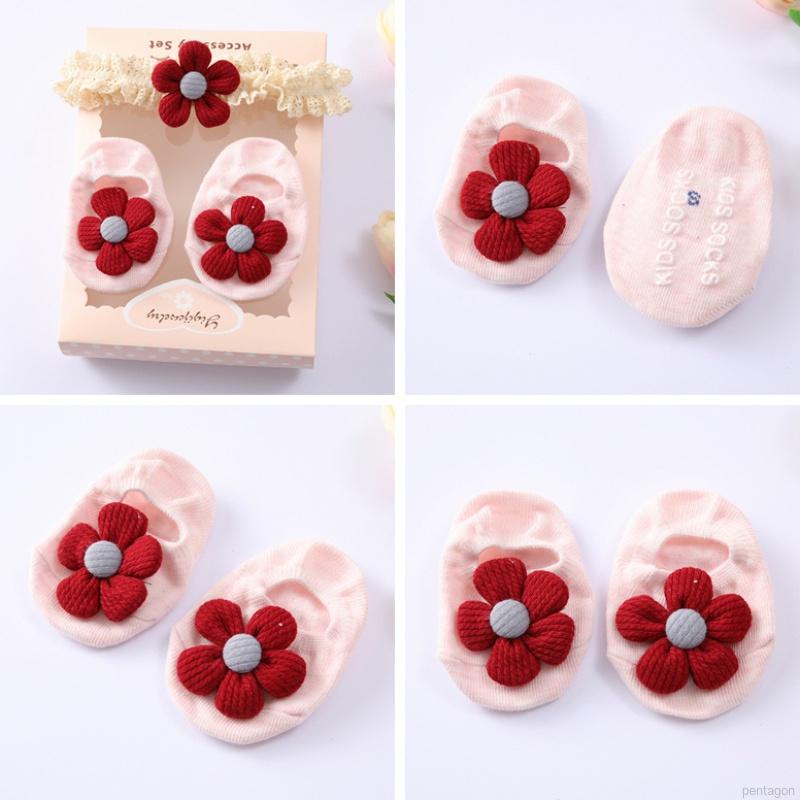 Bộ 2 chiếc vớ cotton cao tới mắt cá chân chống trượt đính hoa + băng đô phối ren xinh xắn thời trang cho bé gái sơ sinh