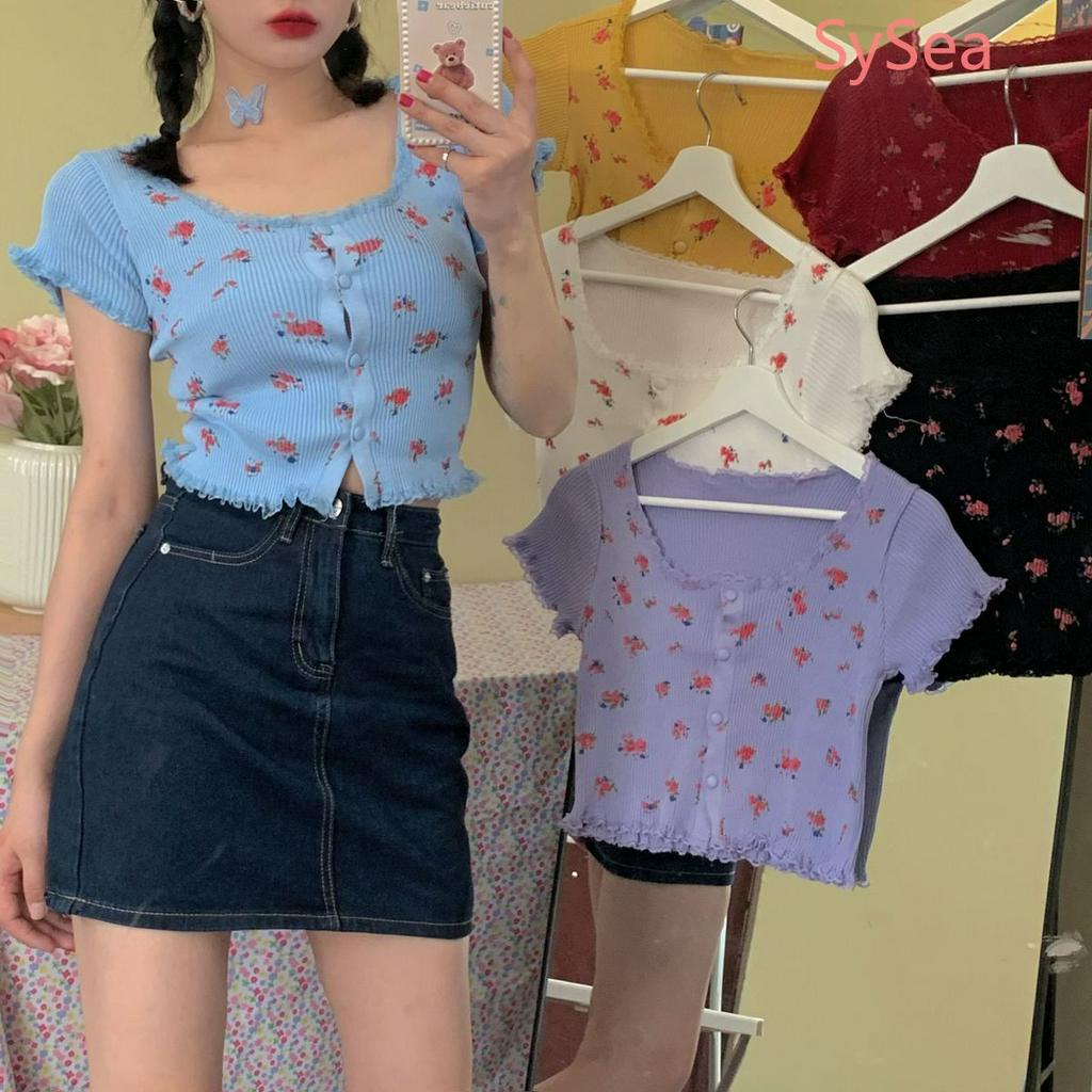 Áo croptop tay ngắn hoạ tiết hoa thời trang mùa hè
