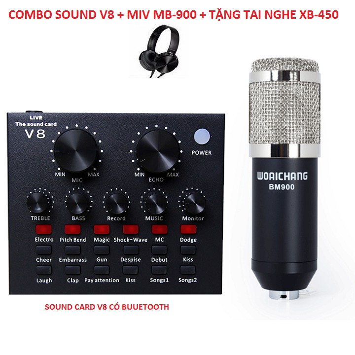 Combo Soundcard V8 Bluetooth + Mic Karaoke Livetream BM 900 Tặng Tai Nghe XB-450 Hát Karaoke Livetream