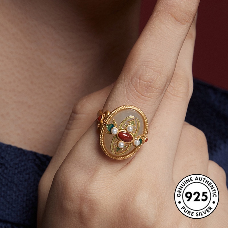 Nhẫn mạ bạc S925 đính ngọc bích phong cách retro thời trang S925