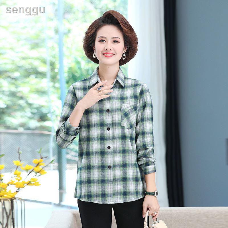 Áo Sơ Mi Cotton Tay Dài Dáng Rộng Plus Size Họa Tiết Sọc Caro Phong Cách Hàn Quốc Thời Trang Xuân Thu Cho Nữ Trung Niên