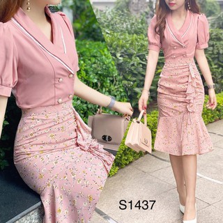 Sét áo sơ mi hồng chân váy hoa S1437