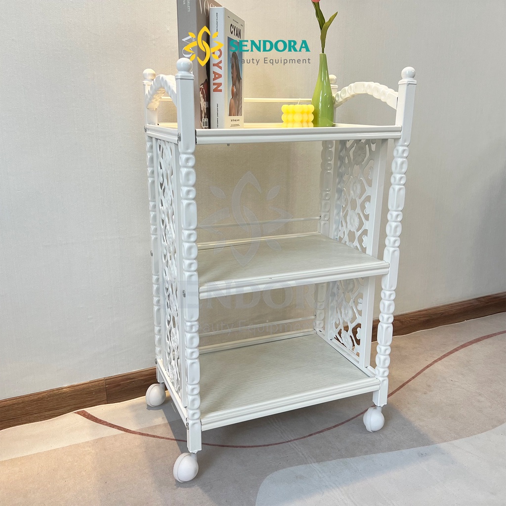 Kệ Spa 3 tầng sang trọng - Xe đẩy Spa nhập khẩu, gỗ cao cấp - Có bánh xe HMTL-5080 Trắng, Vân gỗ, Đen