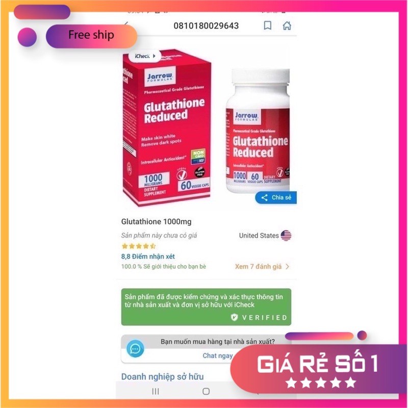 Viên uống trắng da GLUTATHIONE 1000mg ( USA, Hộp 60 viên) - Làm trắng da, chống lão hoá, giảm nám, giải độc gan | BigBuy360 - bigbuy360.vn