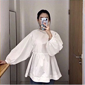 Áo sơ mi babydoll trắng thắt nơ sau cổ tròn dài tay ulzzang