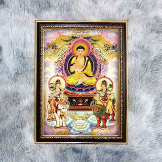 Tranh Hoa Nghiêm Tam Thánh 36x48cm vải phủ bóng, khung composite xịn xò
