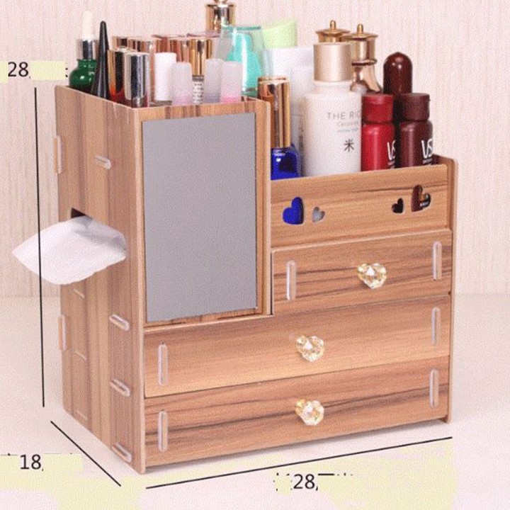 Tủ đựng mỹ phẩm 4 ngăn có gương bằng gỗ có thể xếp gọn khi không dùng đến; vô cùng tiện