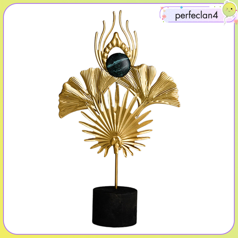 🍁perfeclaneArt Sculpture Wrought Iron Peacock Feather Statue Golden Ginkgo Leaf Figurines with Safe Wooden Base Living Room Bedroom Home Decor Ornaments