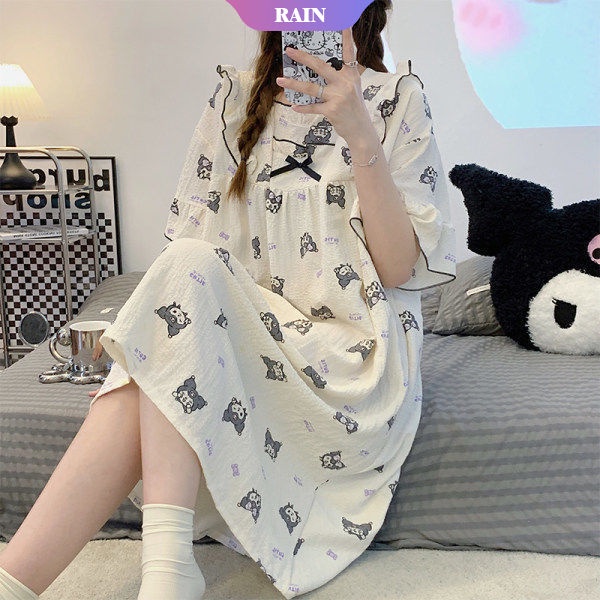 Đầm Ngủ Nhún Bèo In Họa Tiết Hoạt Hình Sanrio Kuromi Dễ Thương Thời Trang Mùa Hè Cho Nữ