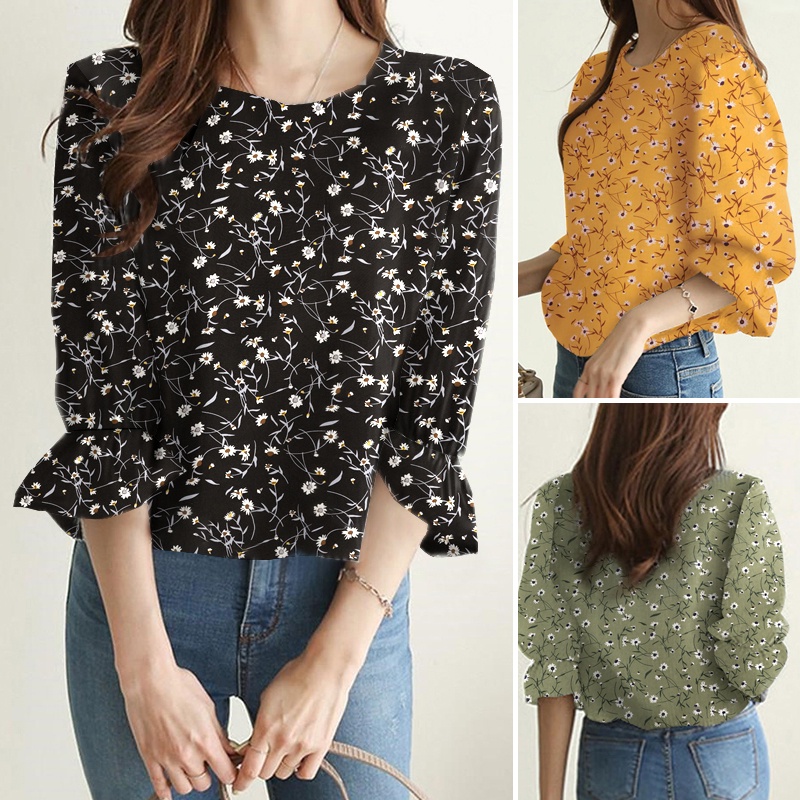 Áo kiểu ZANZEA cổ tròn tay lỡ 3/4 in họa tiết hoa thanh lịch thời trang dành cho nữ