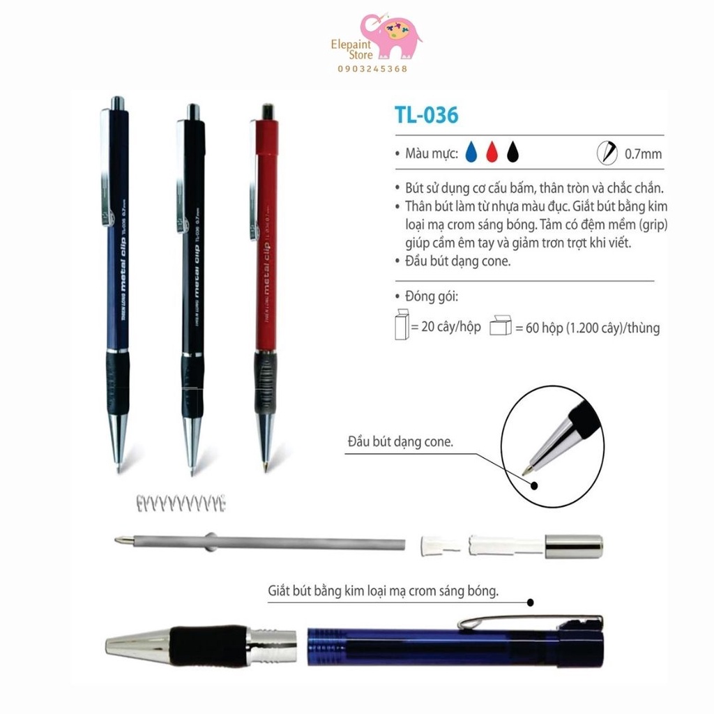 Hộp 20 bút bi nét 0.7mm Thiên Long TL036