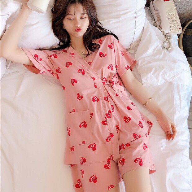 Bộ ngủ kimono cotton họa tiết trái tim nopi shop | BigBuy360 - bigbuy360.vn