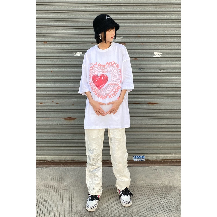 Áo thun nữ ngắn tay in hình trái tim phong cách Hàn Quốc