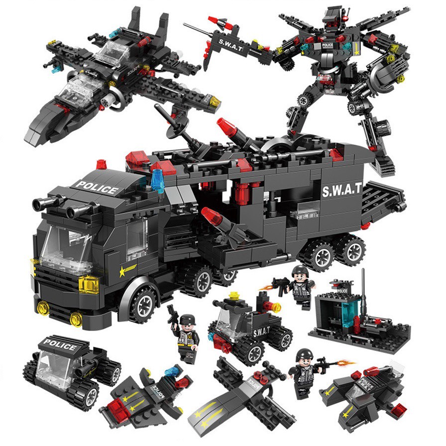 [500 CHI TIẾT] Bộ Lego lắp ráp xếp hình BIỆT ĐỘI SWAT500 gồm ROBOT, TÀU BAY, XE QUÂN SỰ