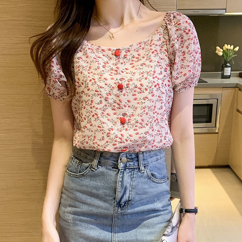 Áo chiffon Ngắn Tay Họa Tiết Hoa Thời Trang Mùa Hè Phong Cách Hàn Quốc Dành Cho Nữ