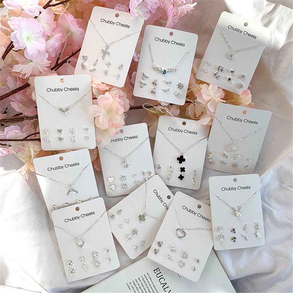 Set 4 đôi khuyên tai + dây chuyền mạ bạc đính đá sang trọng hợp thời trang