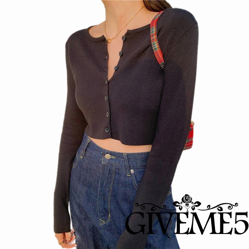 Áo Thun Lửng Dệt Kim Tay Dài Cài Nút Màu Trơn Giản Dị Thời Trang Cho Nữ